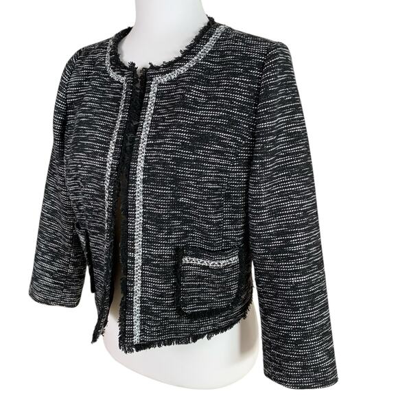 Frenchi Size L Tweed Crop Blazer Jacket Black and White Fringe Trim Preppy Fall - Picture 1 of 10